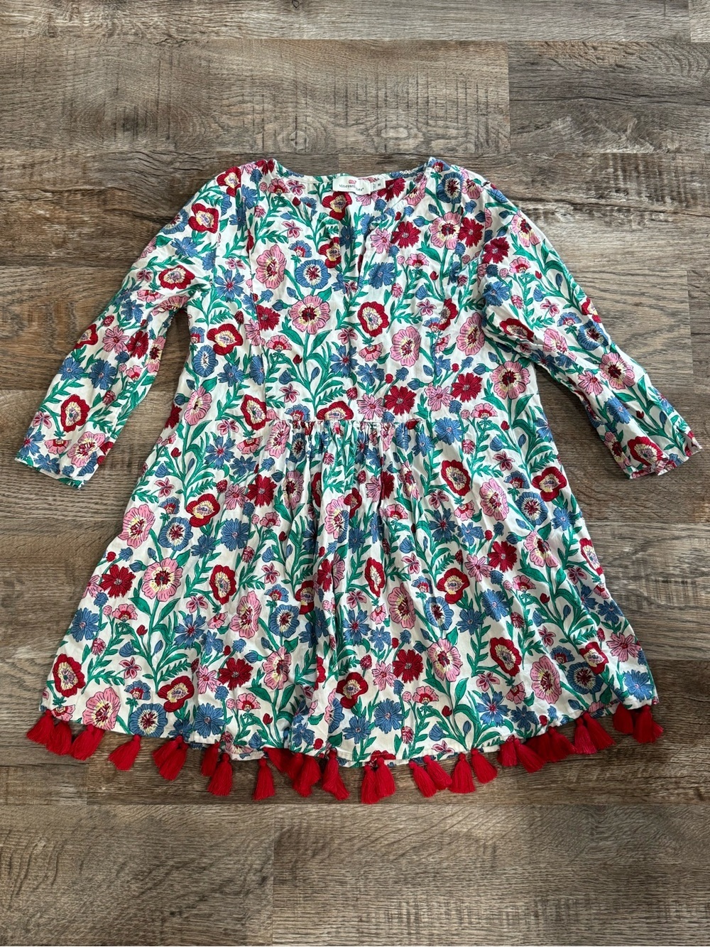 Vineyard Vines Girls Floral A-Line Dress 3/4 Sleeve Tasseled Hem Medium